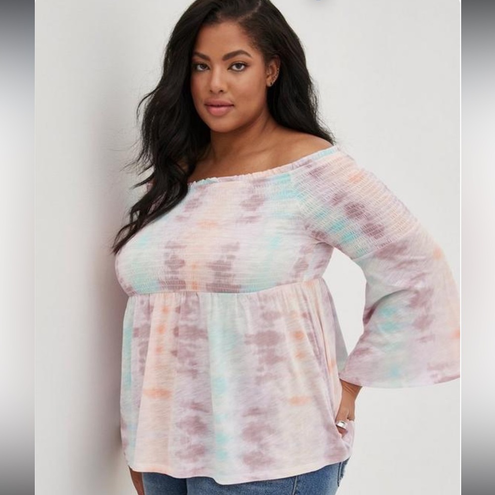 Babydoll Knit Smocked Off-Shoulder Bell Sleeve Top